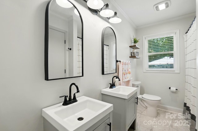 103 W Sunset Dr, Locust, NC 28097 - bathroom with crown molding, marble finish floors, toilet, two vanities, and baseboards