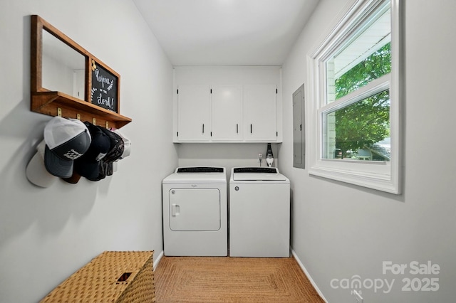 103 W Sunset Dr, Locust, NC 28097 - laundry area featuring cabinet space, washing machine and clothes dryer, electric panel, and baseboards