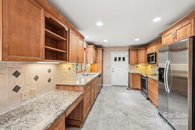 8117 Rising Meadow Rd, Charlotte, NC 28277 - kitchen with appliances with stainless steel finishes, a sink, open shelves, light stone counters, and backsplash