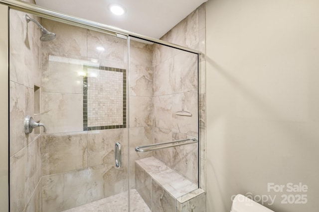 8117 Rising Meadow Rd, Charlotte, NC 28277 - full bath featuring a shower stall, toilet, and recessed lighting