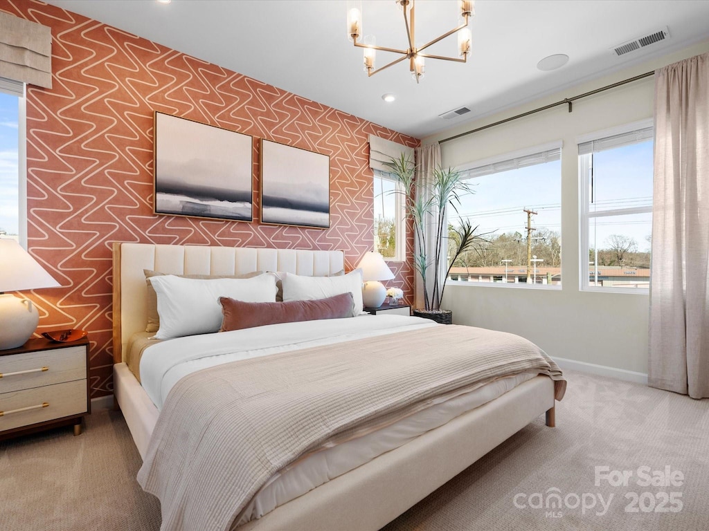 5508 Swaling St, Charlotte, NC 28217 - bedroom with a chandelier, carpet, baseboards, recessed lighting, and wallpapered walls