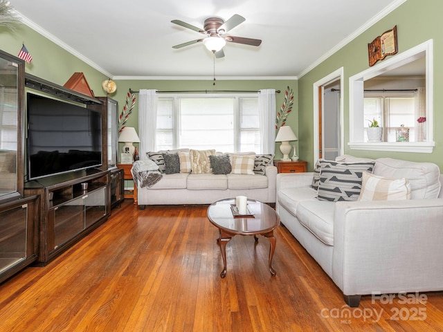 5629 Ruth Dr, Charlotte, NC 28215 - living room featuring healthy amount of natural light, ceiling fan, crown molding, and wood finished floors