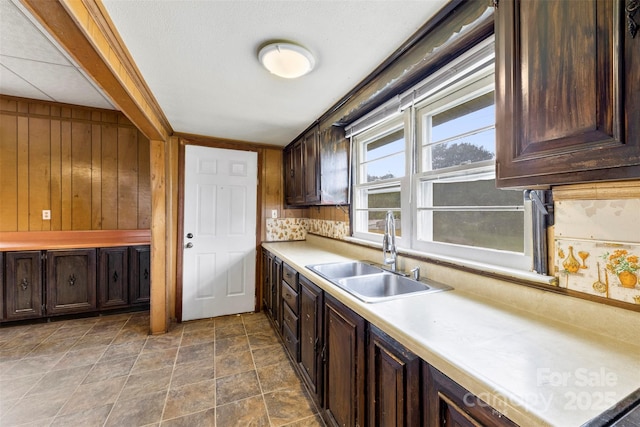 217 S Highland St, Gastonia, NC 28052 - kitchen featuring a sink, wooden walls, light countertops, and dark brown cabinetry