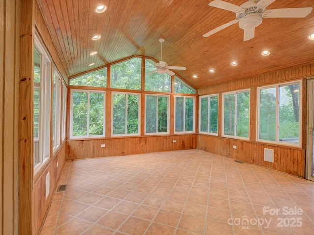 8 Sunrise Point Rd, Lake Wylie, SC 29710 - unfurnished sunroom with plenty of natural light, vaulted ceiling, wooden walls, recessed lighting, and tile patterned floors