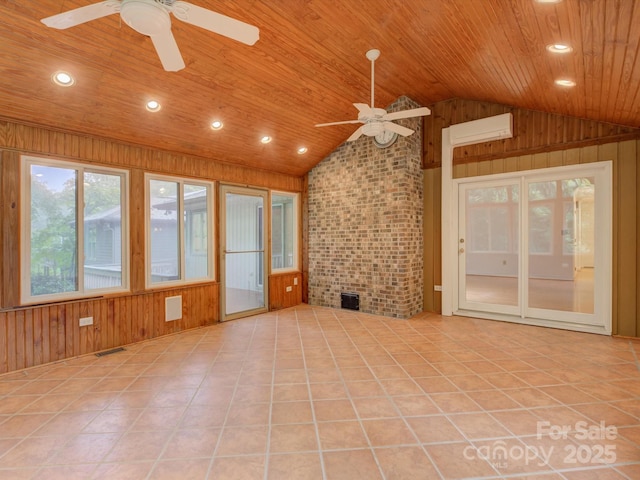8 Sunrise Point Rd, Lake Wylie, SC 29710 - unfurnished living room featuring ceiling fan, wooden ceiling, vaulted ceiling, a wall unit AC, and wood walls