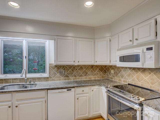 8 Sunrise Point Rd, Lake Wylie, SC 29710 - kitchen featuring white appliances, a sink, stone countertops, white cabinetry, and tasteful backsplash