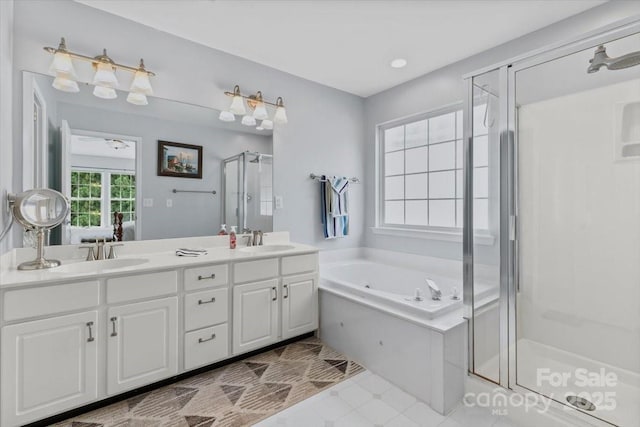 16018 Hollingbourne Rd, Huntersville, NC 28078 - bathroom featuring a shower stall, a jetted tub, and double vanity