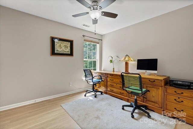 16018 Hollingbourne Rd, Huntersville, NC 28078 - office with light wood-type flooring, ceiling fan, and baseboards