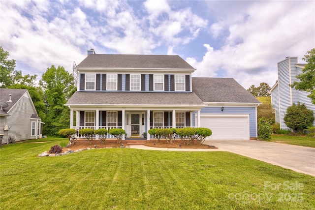 2024 Stonewyck Ave, Kannapolis, NC 28081 - colonial house with driveway, an attached garage, a porch, a front lawn, and a chimney