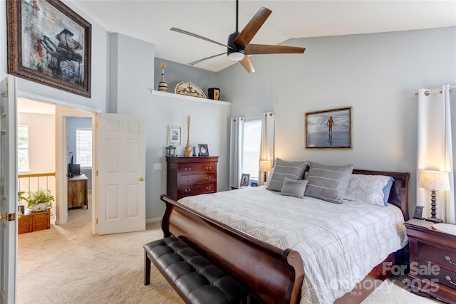 2024 Stonewyck Ave, Kannapolis, NC 28081 - bedroom featuring high vaulted ceiling, light colored carpet, and ceiling fan