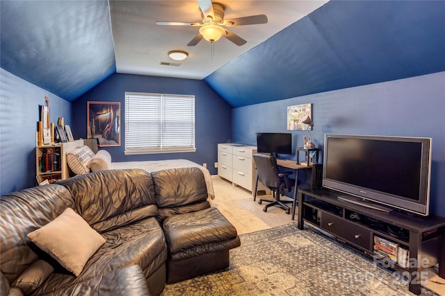 2024 Stonewyck Ave, Kannapolis, NC 28081 - carpeted bedroom featuring an office area, lofted ceiling, and ceiling fan
