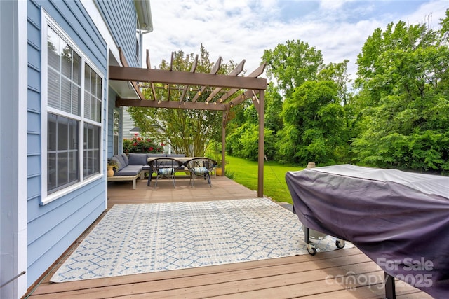 2024 Stonewyck Ave, Kannapolis, NC 28081 - wooden deck with an outdoor hangout area, a grill, a yard, view of wooded area, and a pergola