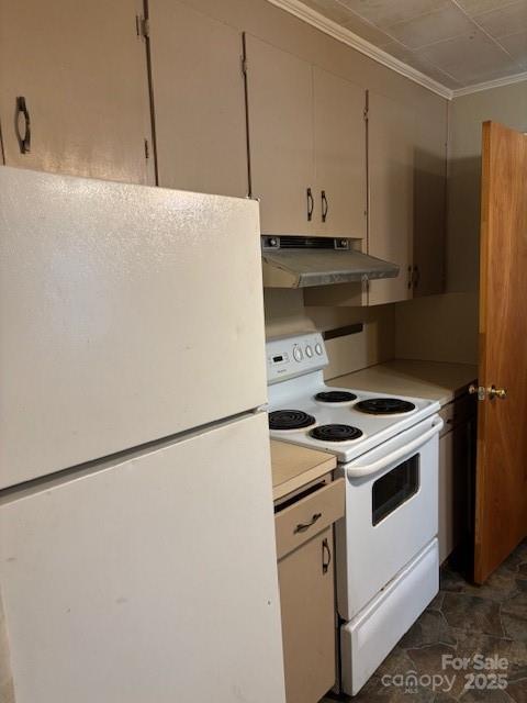 8000 Chapman St, Charlotte, NC 28216 - kitchen with white appliances, under cabinet range hood, ornamental molding, and light countertops