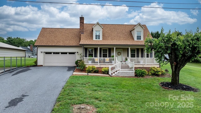 139 Pleasant Garden Dr, Taylorsville, NC 28681 - cape cod house featuring covered porch, a garage, driveway, a front lawn, and roof with shingles