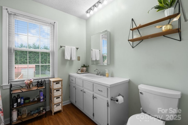 139 Pleasant Garden Dr, Taylorsville, NC 28681 - bathroom featuring vanity, plenty of natural light, toilet, wood finished floors, and a textured ceiling