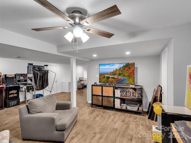 49 Trimont Mountain Trl, Franklin, NC 28734 - living area with wood finished floors, ceiling fan, recessed lighting, and baseboards