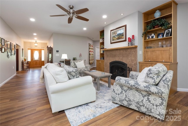 33 Freedom Dr, Waynesville, NC 28786 - living area with wood finished floors, a ceiling fan, recessed lighting, baseboards, and a fireplace