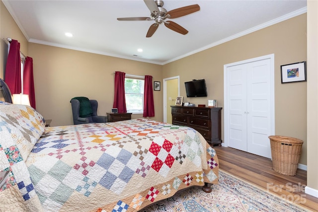 33 Freedom Dr, Waynesville, NC 28786 - bedroom featuring wood finished floors, crown molding, recessed lighting, a closet, and a ceiling fan