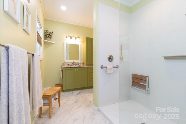 33 Freedom Dr, Waynesville, NC 28786 - bathroom featuring vanity, ornamental molding, walk in shower, and marble look tile flooring