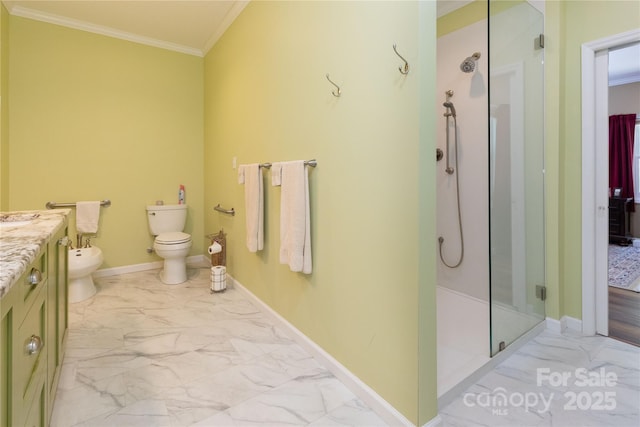 33 Freedom Dr, Waynesville, NC 28786 - full bath featuring marble look tile flooring, a stall shower, vanity, and ornamental molding