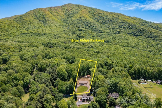 33 Freedom Dr, Waynesville, NC 28786 - aerial overview of property's location with a heavily wooded area, property parcel outlined, and a mountain backdrop