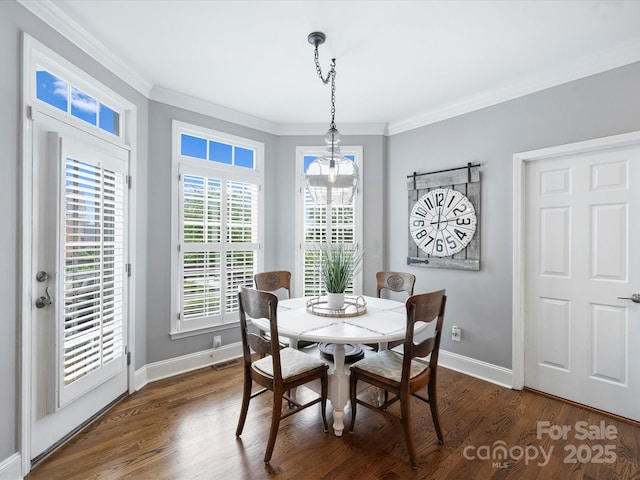 16308 Woolwine Rd, Charlotte, NC 28278 - dining area featuring baseboards, ornamental molding, and dark wood-style floors