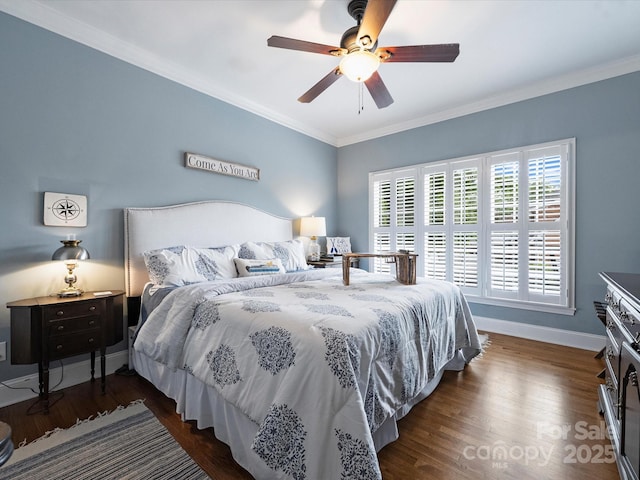 16308 Woolwine Rd, Charlotte, NC 28278 - bedroom with baseboards, crown molding, dark wood-style floors, and ceiling fan