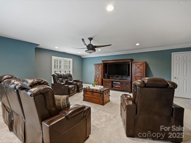 16308 Woolwine Rd, Charlotte, NC 28278 - living room featuring light carpet, ceiling fan, and recessed lighting