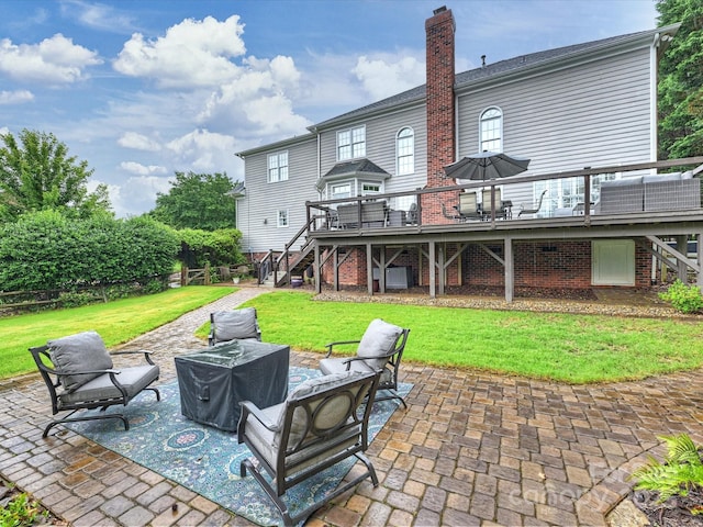 16308 Woolwine Rd, Charlotte, NC 28278 - rear view of property with stairs, a patio area, a chimney, a wooden deck, and a yard