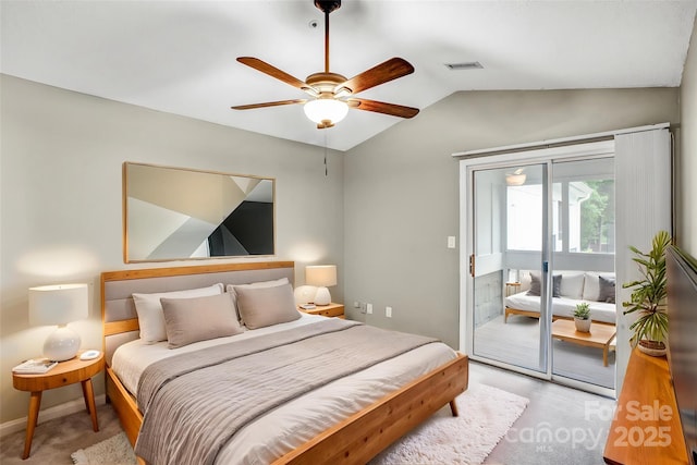 753 SW Dr, Davidson, NC 28036 - bedroom featuring access to outside, vaulted ceiling, carpet, a ceiling fan, and baseboards