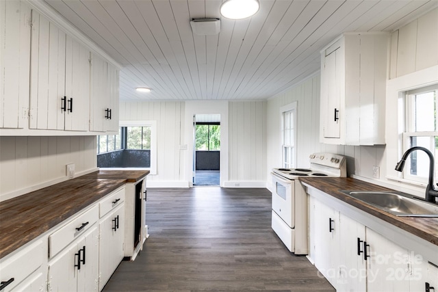615 Irish Potato Rd, Concord, NC 28025 - kitchen featuring white electric range, a sink, wooden counters, dark wood-style floors, and wooden ceiling