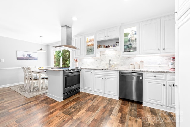 120 Labans Ln, Lincolnton, NC 28092 - kitchen featuring stainless steel appliances, island exhaust hood, a sink, backsplash, and white cabinets