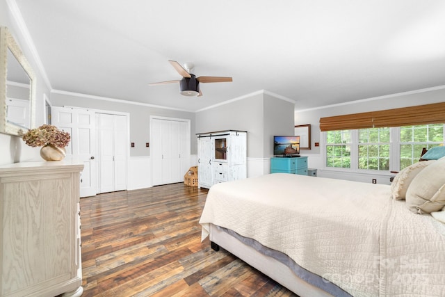 120 Labans Ln, Lincolnton, NC 28092 - bedroom with wood finished floors, multiple closets, ornamental molding, wainscoting, and ceiling fan