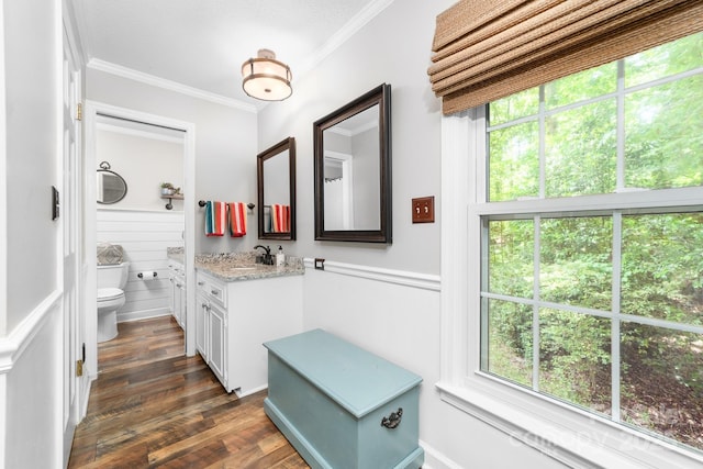 120 Labans Ln, Lincolnton, NC 28092 - bathroom with toilet, vanity, ornamental molding, plenty of natural light, and wood finished floors