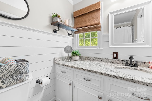 120 Labans Ln, Lincolnton, NC 28092 - bathroom featuring ornamental molding, vanity, and wainscoting