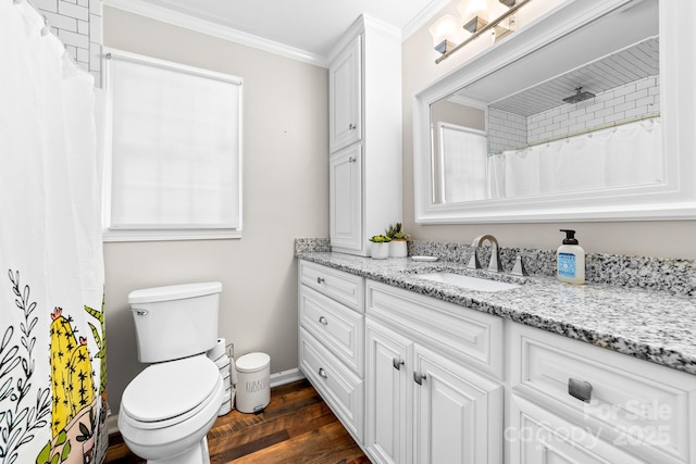 120 Labans Ln, Lincolnton, NC 28092 - bathroom with vanity, wood finished floors, crown molding, toilet, and a shower with curtain