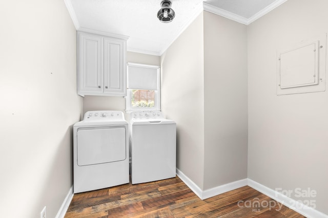 120 Labans Ln, Lincolnton, NC 28092 - laundry room featuring independent washer and dryer, crown molding, dark wood-type flooring, cabinet space, and baseboards