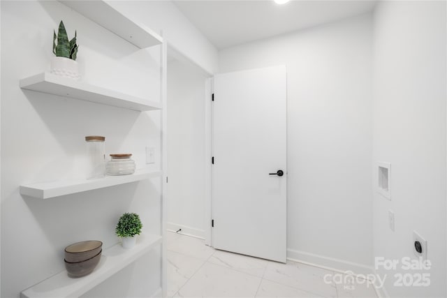 4017 Sulkirk Rd, Charlotte, NC 28210 - washroom with hookup for a washing machine, light marble finish floors, hookup for an electric dryer, and baseboards