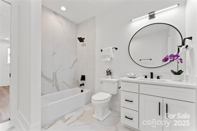 621 Poindexter Dr, Charlotte, NC 28209 - bathroom featuring vanity, toilet, baseboards, bathtub / shower combination, and marble finish floors