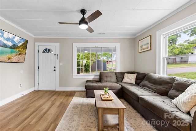 403 W 2nd St, Cherryville, NC 28021 - living area featuring light wood-style floors, crown molding, ceiling fan, and baseboards