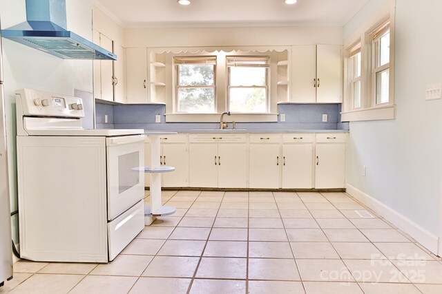 102 Lake Dr, Hickory, NC 28601 - kitchen featuring electric stove, wall chimney range hood, open shelves, a sink, and light countertops