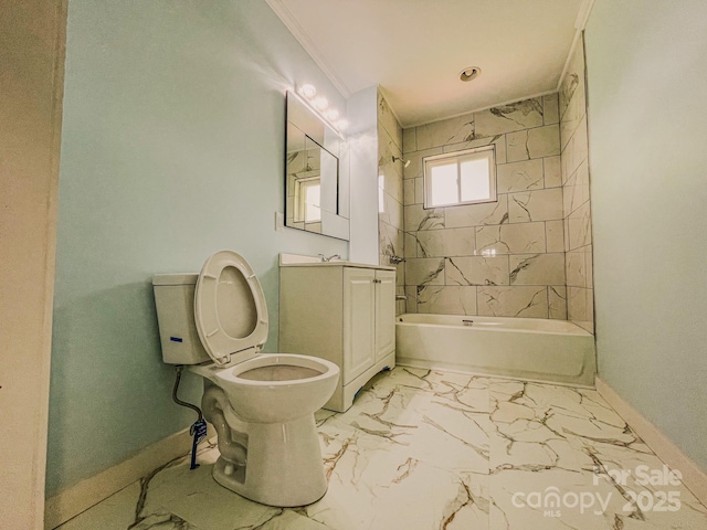 102 Lake Dr, Hickory, NC 28601 - bathroom featuring baseboards, toilet, vanity, shower / washtub combination, and ornamental molding