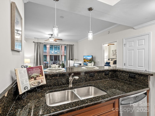 300 W 5th St Unit 433, Charlotte, NC 28202 - kitchen featuring stainless steel dishwasher, a sink, crown molding, brown cabinetry, and hanging light fixtures