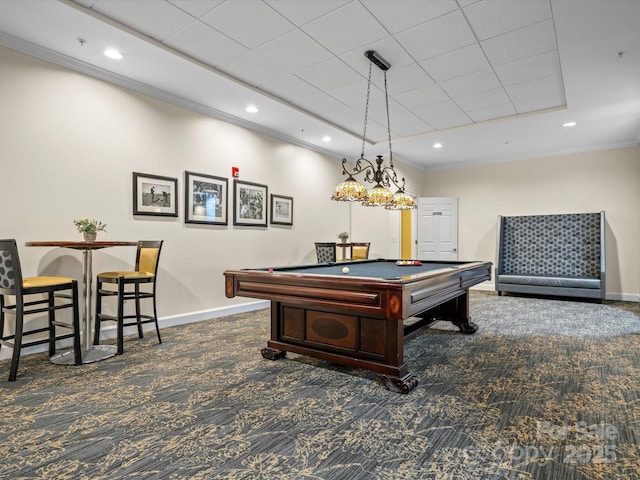 300 W 5th St Unit 433, Charlotte, NC 28202 - rec room featuring carpet floors, pool table, ornamental molding, baseboards, and recessed lighting