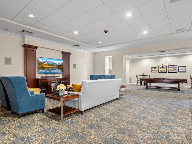 300 W 5th St Unit 433, Charlotte, NC 28202 - carpeted living area featuring baseboards, crown molding, recessed lighting, and billiards