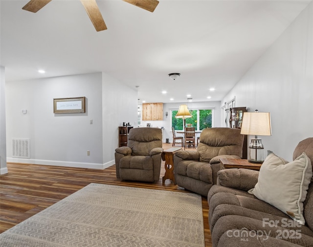 1493 Upper Browns Creek Rd, Burnsville, NC 28714 - living area featuring wood finished floors, recessed lighting, baseboards, and ceiling fan