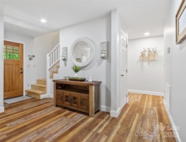 1493 Upper Browns Creek Rd, Burnsville, NC 28714 - entrance foyer with light wood-style flooring, stairway, recessed lighting, and baseboards