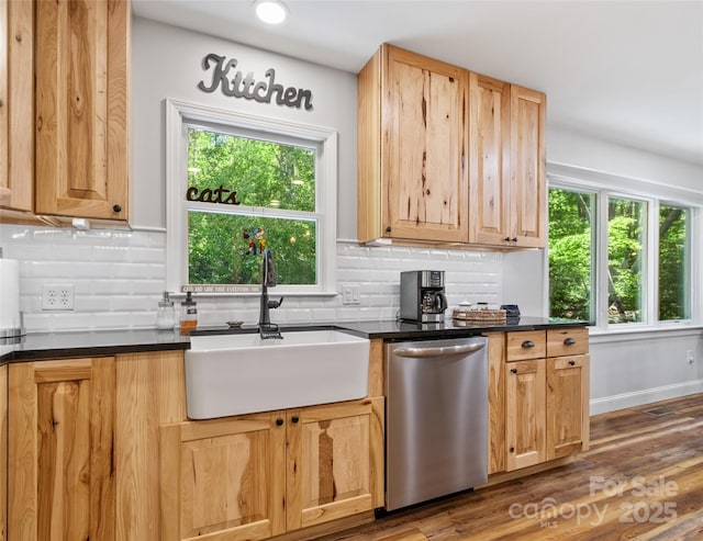 1493 Upper Browns Creek Rd, Burnsville, NC 28714 - kitchen featuring stainless steel dishwasher, a sink, healthy amount of natural light, dark countertops, and recessed lighting