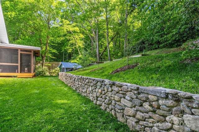 1493 Upper Browns Creek Rd, Burnsville, NC 28714 - view of yard with a sunroom, a view of trees, and an outbuilding