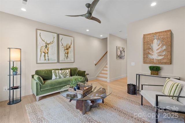 1081 Hicks Rd Unit B, Highlands, NC 28741 - living room featuring stairway, light wood finished floors, a ceiling fan, recessed lighting, and baseboards